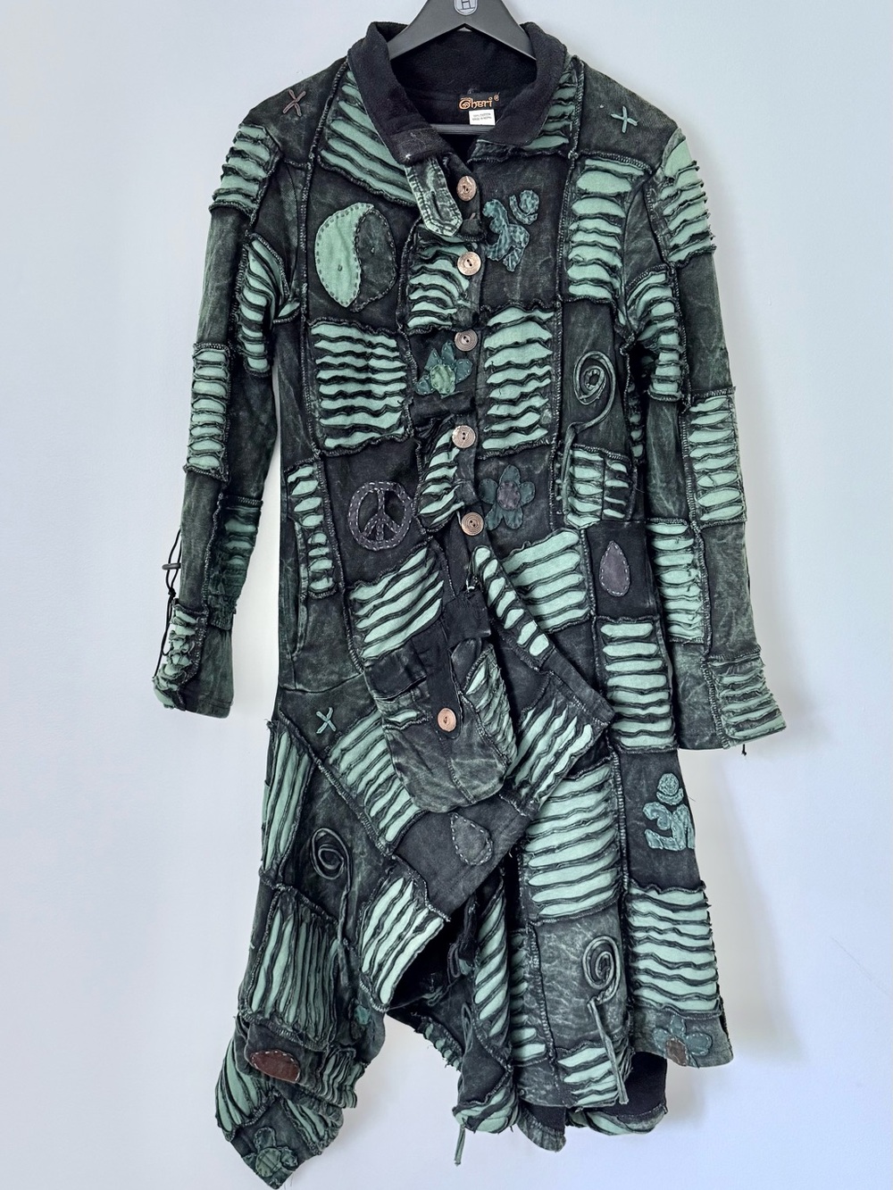 Gheri Boho Asymmetrical Patchwork Coat in Teal and Black SZ.L